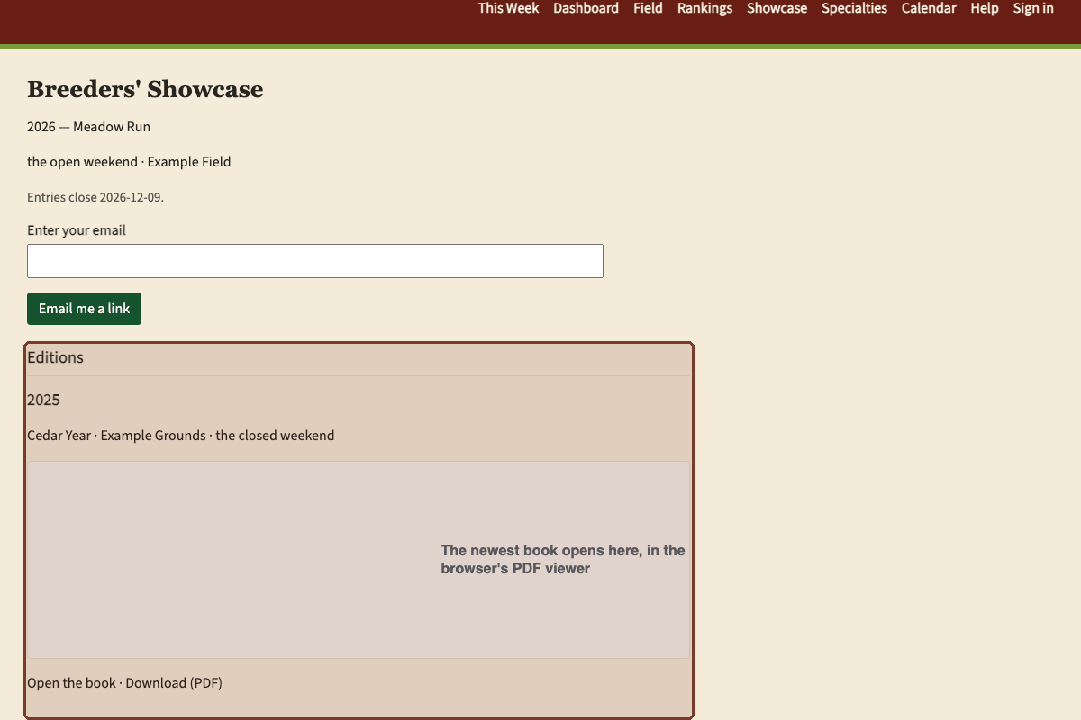 The showcase page, with the published editions highlighted.