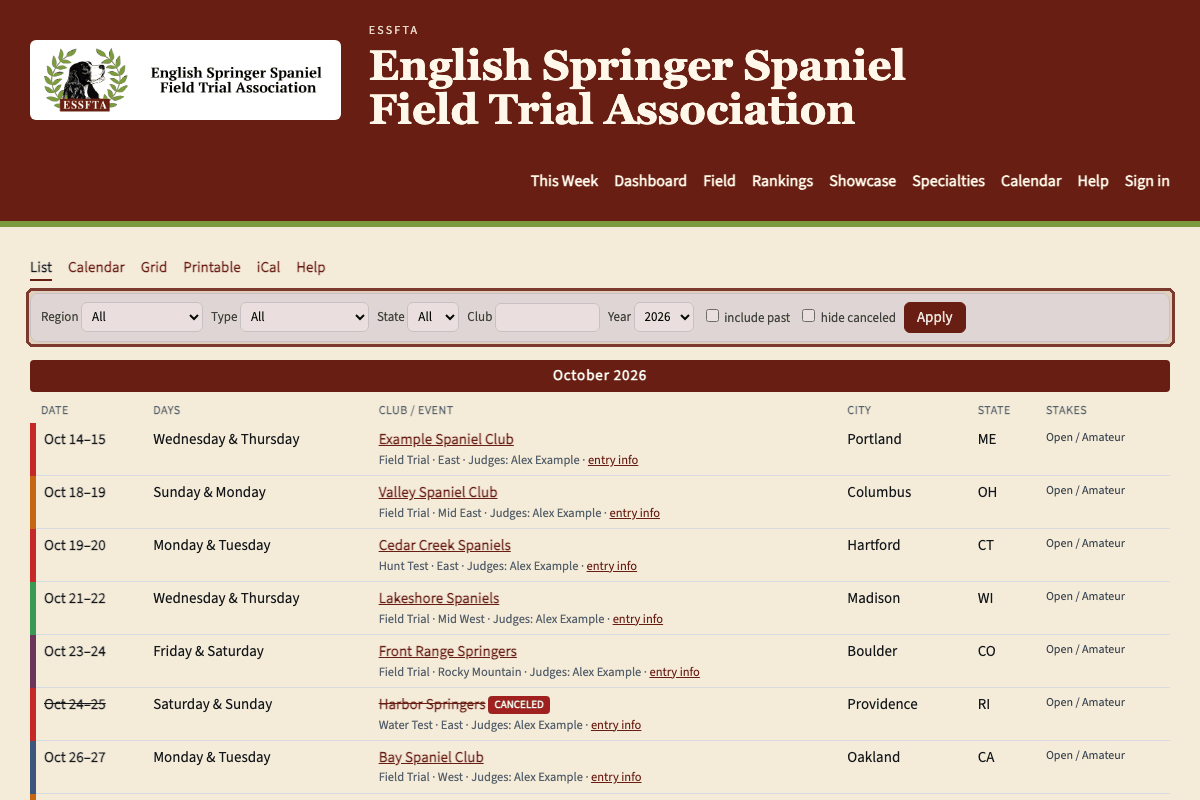 The field-trials calendar, with the filters highlighted.